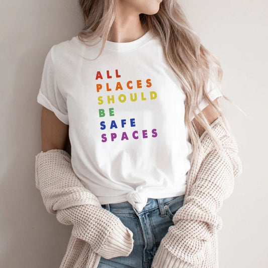 Promote inclusivity and support for students with accommodations with the "All Places Should Be Safe Places" T-Shirt from TeachingTeez.com. White version. Order Today!