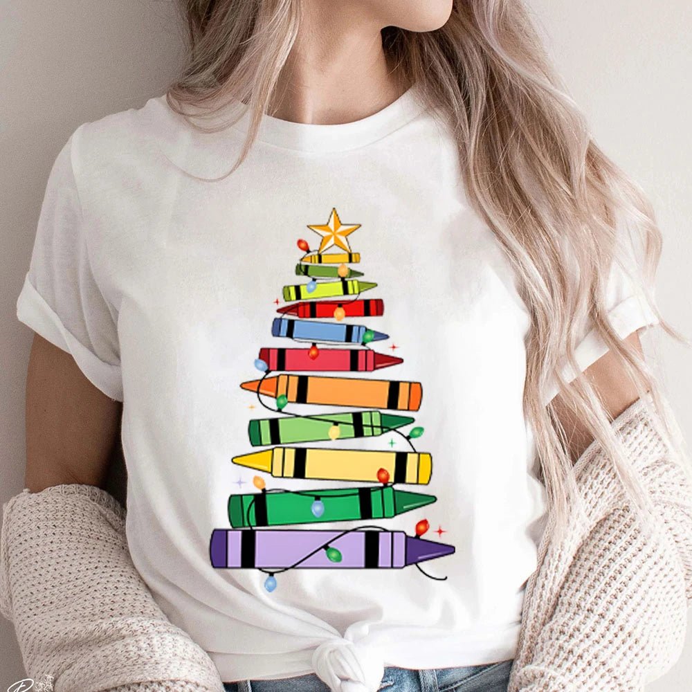 Crayon Christmas Tree Teacher T-Shirt – Festive Holiday Apparel for Educators | TeachingTeez.com - TeachingTeez.com