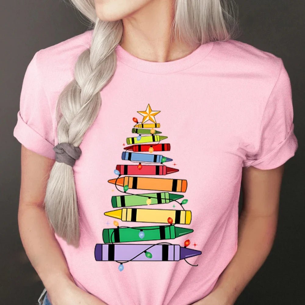 Crayon Christmas Tree Teacher T-Shirt – Festive Holiday Apparel for Educators | TeachingTeez.com - TeachingTeez.com